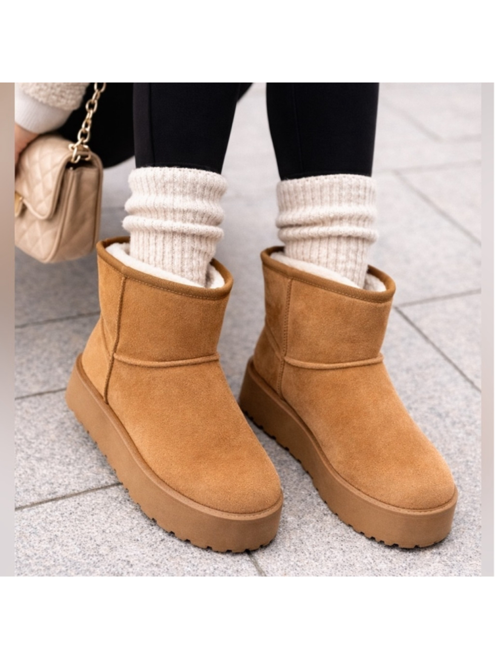 Women's Furry Faux Suede Ankle Platform Booties Tan Size 8